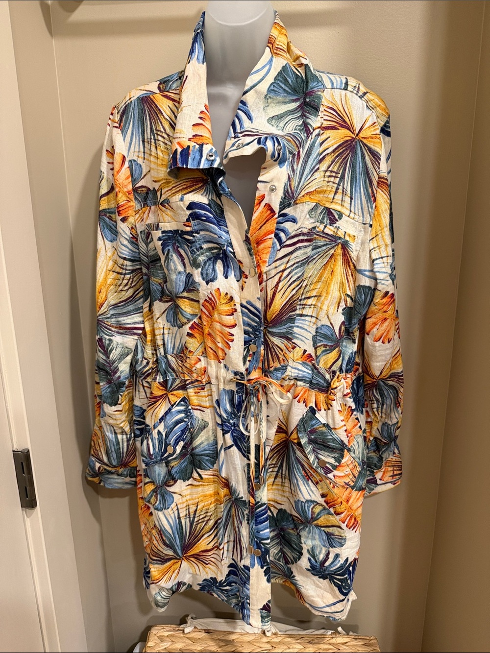 Chico's Multicolor Tropical Leaf Button-Front Shirt Jacket